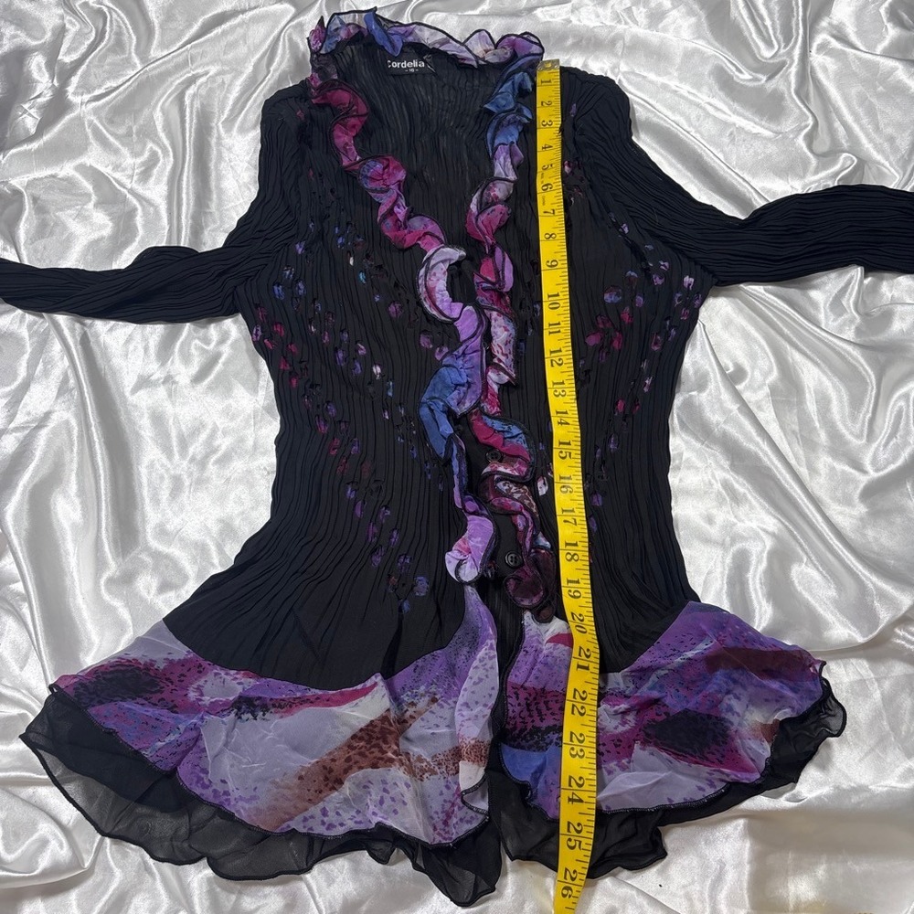 y2k Cordelia St Ruffle Button Up Top Black Purple Pleated Burnout 16 - Picture 2 of 6